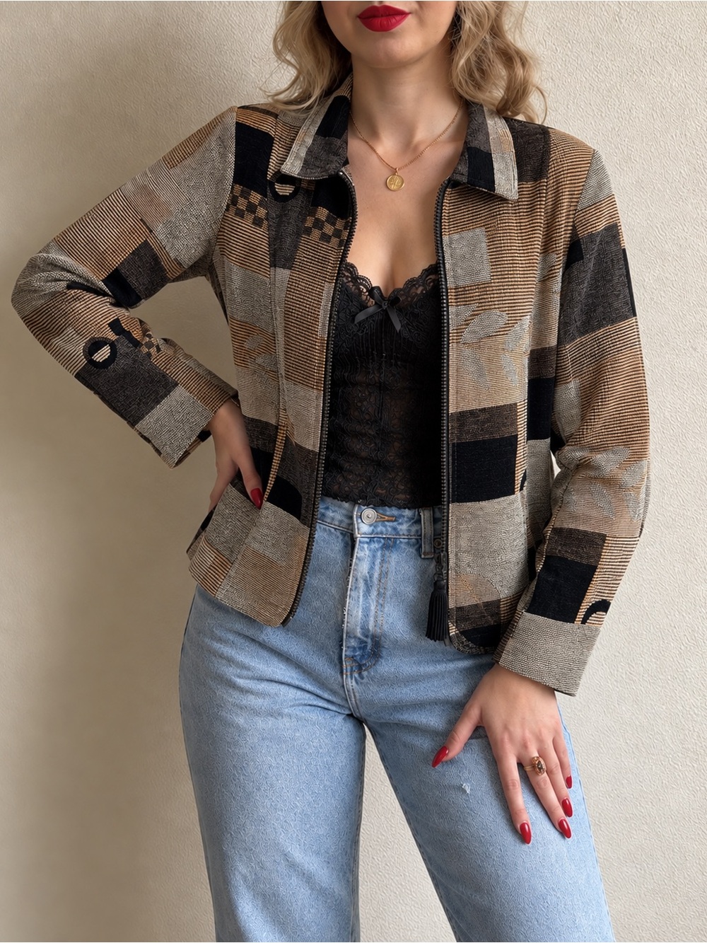 Vintage 90s Dressbarn Tapestry Full Zip Jacket Small Abstract Art Fall Earthy
